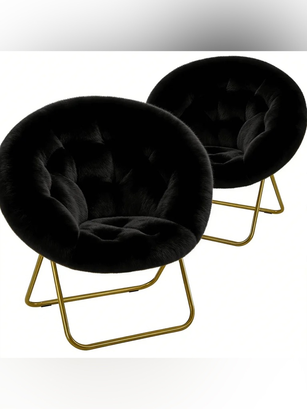 SET of 2 Black Faux Fur Round Accent Chairs with Gold Metal Bases SUPER SOFT ❗️
